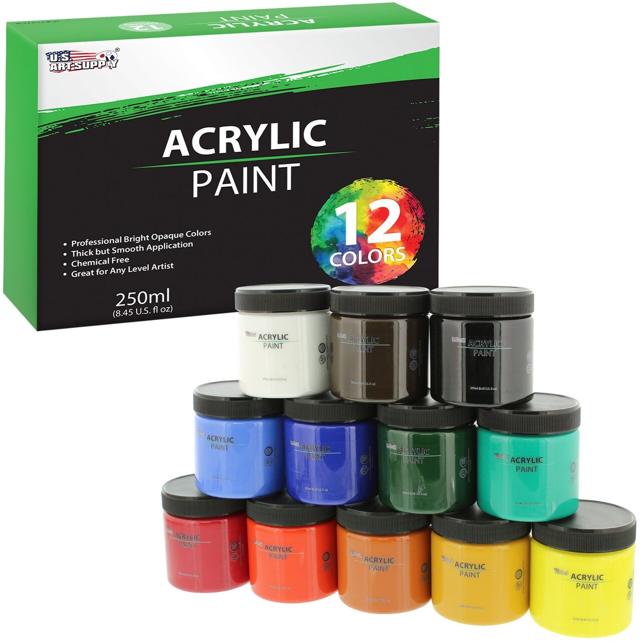 12 Color Acrylic Paint Jar Set 250ml Bottles (8.45 fl oz) - Professional Artist Bright Opaque Colors
